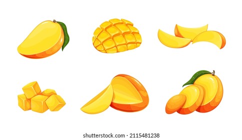 Red cut mango and ripe pieces, sliced to cubes, mango slices. Dessert tropical fruit vector illustration.