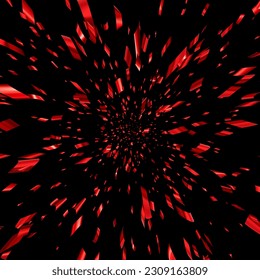 Red cut out foil ribbon perspective confetti on black background. Flying in cosmos with high speed effect. Design element. Vector illustration.
