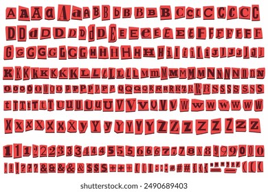 Red Cut out ransom vector letters alphabet. Blackmail or Ransom Kidnapper Anonymous Note Font. Latin English Letters, Numbers and punctuation symbols. Criminal ransom Cutout letters. Compose your own