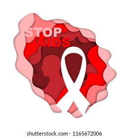 Red cut paper background with ribbon and stop aids text
