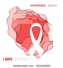 Red cut paper background with ribbon and breast cancer text