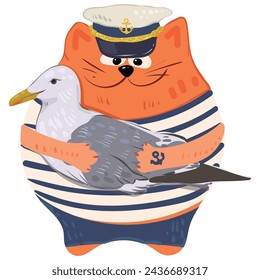 A red cute cartoon Cat captain in a captain's hat and a striped T-shirt holds a seagull in his paws. Vector funny character. For congratulations, cards, invitations, print on clothes