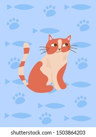 Red cute cat. Blue background, silhouettes of fish and paws.Flat vector illustration.