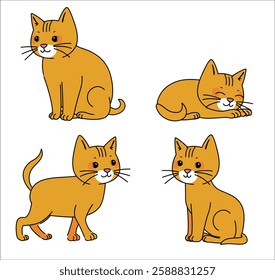 Red cute cat in different poses. Cartoon cat sitting, sleeping and walking	