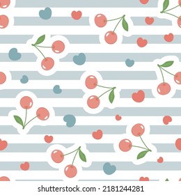 red cute cherries on a blue stripes texture with kawaii red hearts, food seamless pattern for wrapping paper, fabric and textile vector print