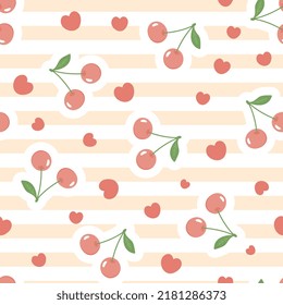 red cute cherries on a pastel orange stripes texture with kawaii red hearts, food seamless pattern for wrapping paper, fabric and textile vector print