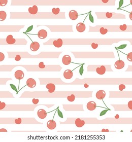 red cute cherries on a pink pastel stripes texture with kawaii red hearts, food seamless pattern for wrapping paper, fabric and textile vector print