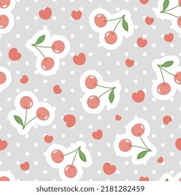 cerezas rojas lindas sobre una textura de punto de polka con corazones kawaii sobre fondo de niñita gris, patrón sin costuras de alimentos para papel de envoltura, tela e impresión vectorial textil