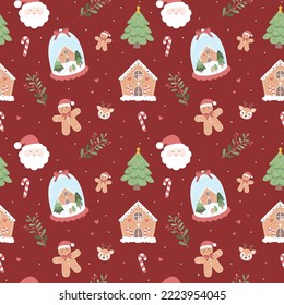 Red Cute Christmas seamless pattern. Vector illustration. Surface pattern design. Santa Claus, Christmas Tree, Gingerbread Man, Candy Cane, Snow, Reindeer, Snow Globe. Winter Design.