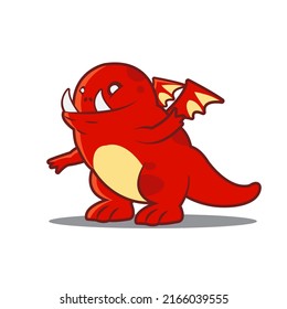red cute dragon with fangs and wing , vector cartoon illustration mascot design character