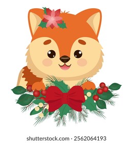 Red cute fox with garland of fir branches, mistletoe, holly and bow. Vector illustration for poster, greeting card and design for kids.