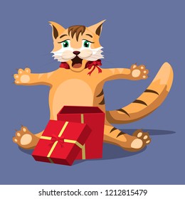 Red cute homemade cat opened a red gift box. Joy and surprise from the gift. Vector illustration.
