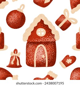 Red cute house, ornaments seamless Christmas holiday pattern