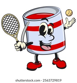 red cute isolated cartoon paint can character mascot playing tennis, work of hand drawn