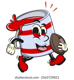 red cute isolated cartoon paint can character mascot playing rugby and american football, work of hand drawn