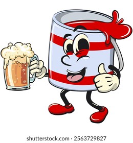 red cute isolated cartoon paint can character mascot lift a big glass of beer, work of hand drawn