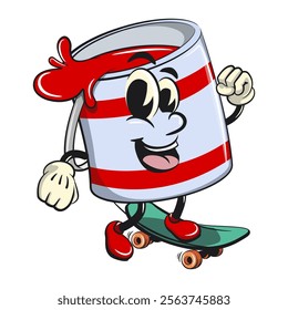 red cute isolated cartoon paint can character mascot playing skateboard, work of hand drawn