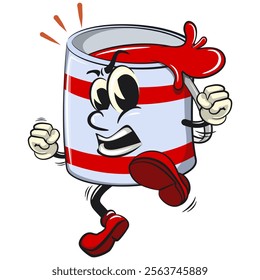 red cute isolated cartoon paint can character mascot enthusiastically jumping and kicking, work of hand drawn