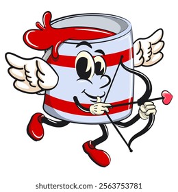 red cute isolated cartoon paint can character mascot being cupid with angel wings and the arrow of love, work of hand drawn