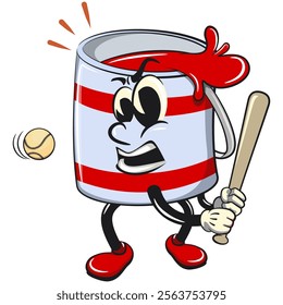 red cute isolated cartoon paint can character mascot playing baseball ready to hit the ball with the bat, work of hand drawn