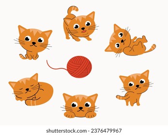 Red cute kitten in different poses with a ball. Vector cartoon flat illustration. Funny playful kitten isolated on a white background