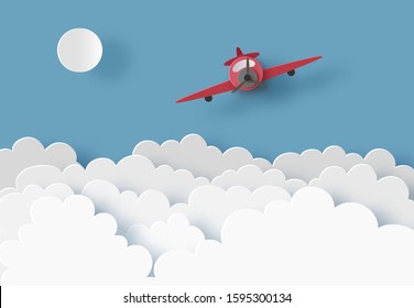 Red cute little airplane flying over clouds in the sky with the sun. Greeting card or tourism business concept, poster. Paper cut out art digital craft style. Vector illustration