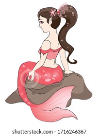 Red cute mermaid vector design, girl on the rock with pearl