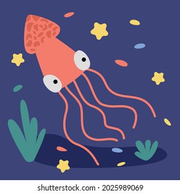Red cute octopus or clam with tentacles.  Vector illustration of marine animals and the underwater world in the ocean.  Sea creatures.  Underwater inhabitant.  Education for children and coloring.
