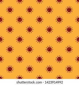 Red Cute sun with smile icon isolated seamless pattern on brown background. Funny smiling sun. Happy sunny smile. Vector Illustration