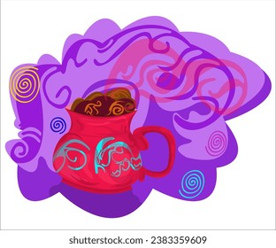 A red, cute teacup, decorated with patterns; vintage, romantic background. This cartoon illustration can be used as a logotype for cafes, cafeterias, bars, teashops. Vector, isolated.