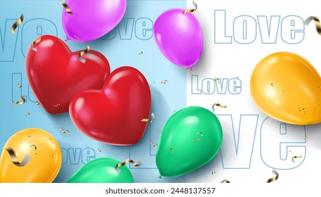 dos corazones lindos rojos y globos brillantes vista superior Plantilla de fondo romántica creativa y moderna. se utiliza para la tarjeta de felicitación de la celebración del día de san valentín y el fondo del aniversario de bodas.