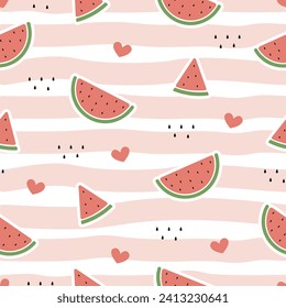 red cute watermelon on a pink pastel stripes texture with kawaii hearts, food seamless pattern for wrapping paper, fabric, textile, print and wallpaper