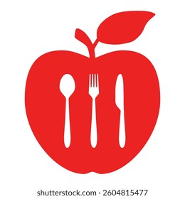 Red cutlery and apple on white