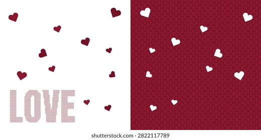 Red cutout heart frame with paper confetti and lace pattern. Scattered element for scrapbook with texture. Horizontal banner for journaling with crosshatch Valentine love text. Modern poster print.