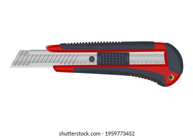 Red cutter knife isolated on white background. Stationery paper knife with retractable blade. Office knife icon. Tool for box cutter, repair and construction. Carpenter instrument. Vector illustration