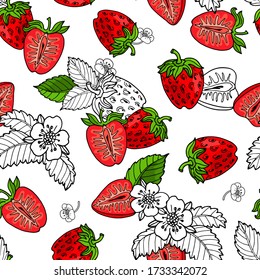 Red cuty fresh strawberry fruits,green leaves and black contour on white background.Vector seamless pattern.Bright hand drawn summer illustration for print,textile,fabric,wrapping paper.