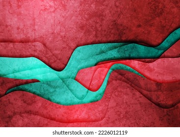 Red and cyan refracted waves abstract grunge background. Vector retro design