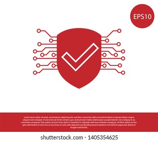 Red Cyber security icon isolated on white background. Shield with check mark sign. Safety concept. Digital data protection. Vector Illustration