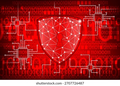 Un concepto de ciberseguridad rojo con un escudo abstracto, una placa de circuito impreso y un fondo de código binario