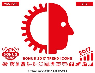 Red Cyborg Head icon with bonus 2017 year trend symbols. Vector illustration style is flat iconic symbols, white background.