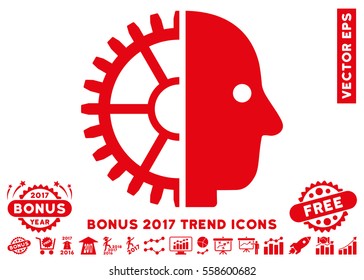 Red Cyborg Head pictograph with bonus 2017 trend pictograms. Vector illustration style is flat iconic symbols, white background.