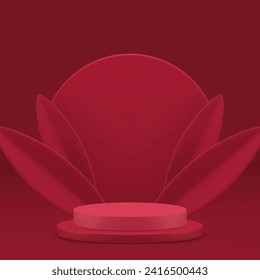 Red cylinder 3d podium pedestal with circle wall and leaves for product presentation realistic vector background. Fashion aesthetic showroom round step platform empty advertising display for show