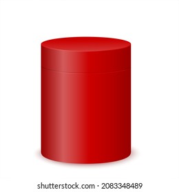 Red cylinder box mockup. Plastic, tin or cardboard package for product design. Container for gift, tea, coffee, food isolated on white background. Vector realistic illustration.