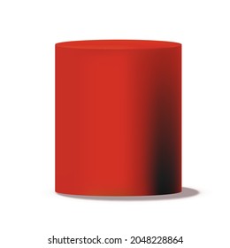 Red cylinder. Circular box solid pillar or stand, empty can mockup with shadows, presentation platform for exhibition, podium box, promo geometric pedestal, vector isolated element