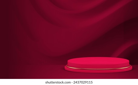 Red cylinder luxury elegant 3d podium pedestal curved wave wall background realistic vector illustration. Round premium shopping fashion advertising stand commercial showcase ripple wavy interior