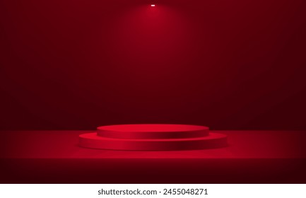 Podio de pedestal de cilindro rojo. Escena mínima abstracta del cilindro con la plataforma geométrica. Espacio para vender productos en el Sitio web. Telón de fondo de negocios. Ilustración vectorial.