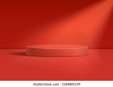 Rotes Zylinderdorfpodium. Realistische Vektorgrafik 3D-Form. Studio-Raumkonzept mit Podium und Spotlight minimale Wand-Szene