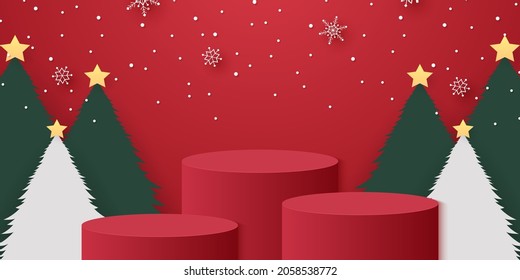 Red Cylinder Podium With Christmas Trees, Snowflakes And Snow Falling, Template Mockup For Event In Paper Art