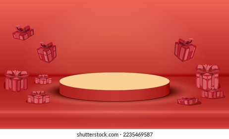 Red cylinder podium and gift box stage scene product. Vector illustration