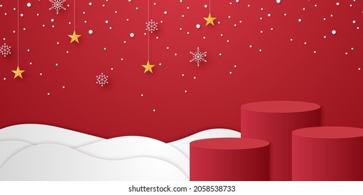 Cilindro rojo podio sobre la nieve con copos de nieve y estrella colgando y cayendo nieve, mofa de plantilla para el evento de Navidad